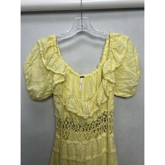 Free People Cruel Intentions Ruffle Mini Dress Women’s 0 Yellow Crochet Cut Out - Picture 4 of 9